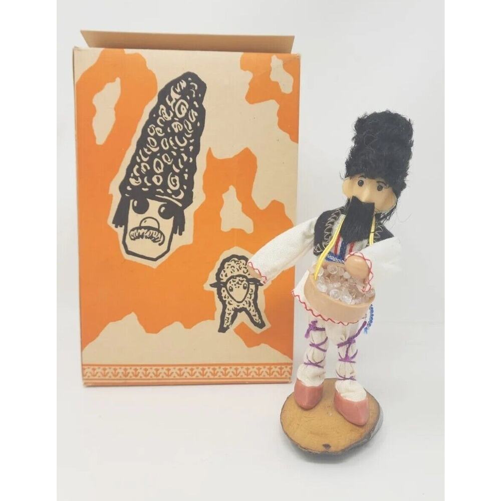 Russian Male 8” Doll Talisman Folk Attire Astrakhan Hat Wooden‎ in Box Vtg U100